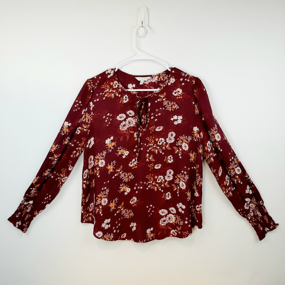 Lucky Brand Burgundy Floral Long Sleeved Blouse Smocked Cuff Size Small Boho